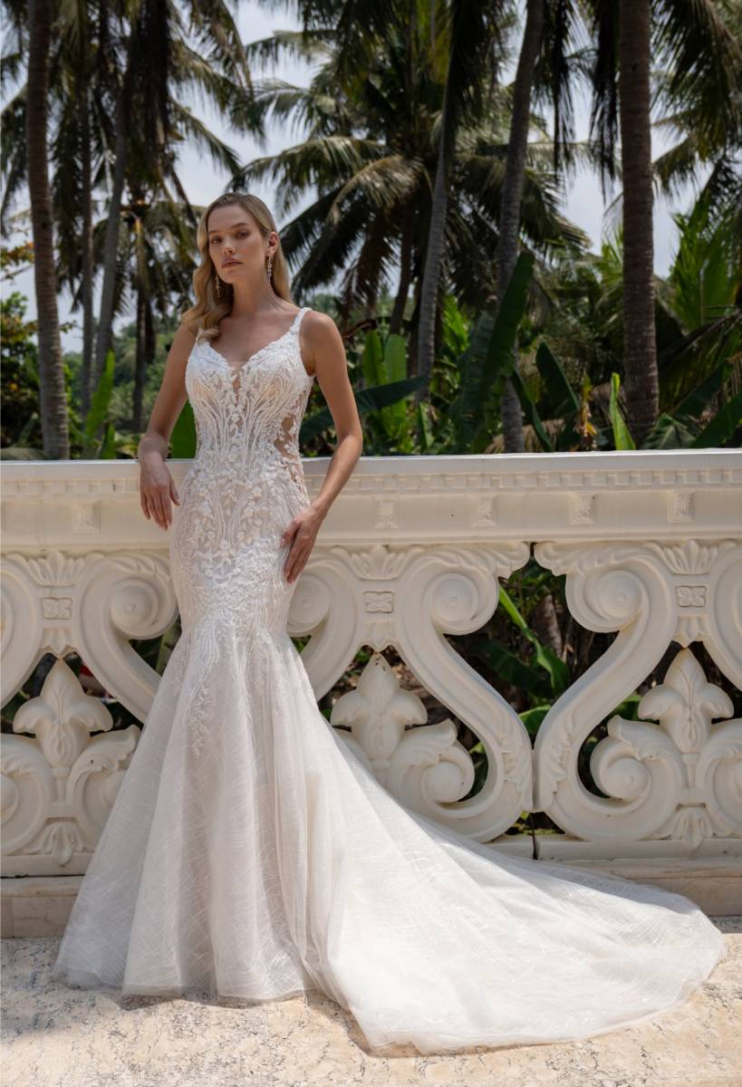 Robe de mariée sirène en dentelle brodée à décolleté plongeant et dos nu Marseille