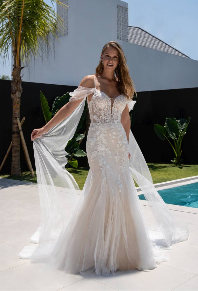Robe de mariée sirène en tulle léger avec manches amovibles et dos profond Marseille