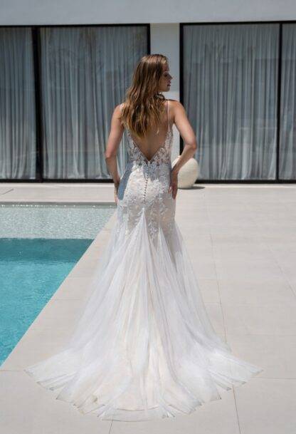 Robe de mariée sirène en tulle léger avec manches amovibles et dos profond Marseille